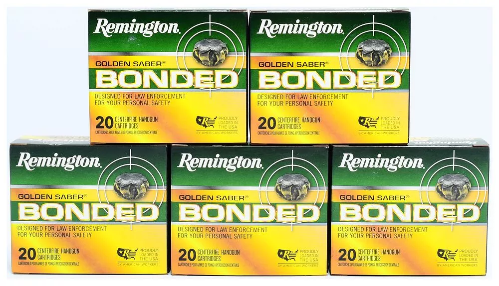 100 Rounds Remington Golden Saber Bonded 9mm Luger +P 124 Grain Jacketed Hollow Point Ammunition