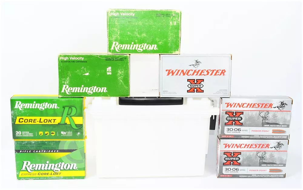 140 Rounds of Remington and Winchester .30-06 SPRG Rifle Ammunition with Plastic Ammo Can