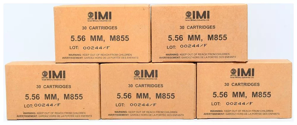 150 Rounds IMI 5.56x45 62 GR M855 FMJ Boat Tail Ammunition