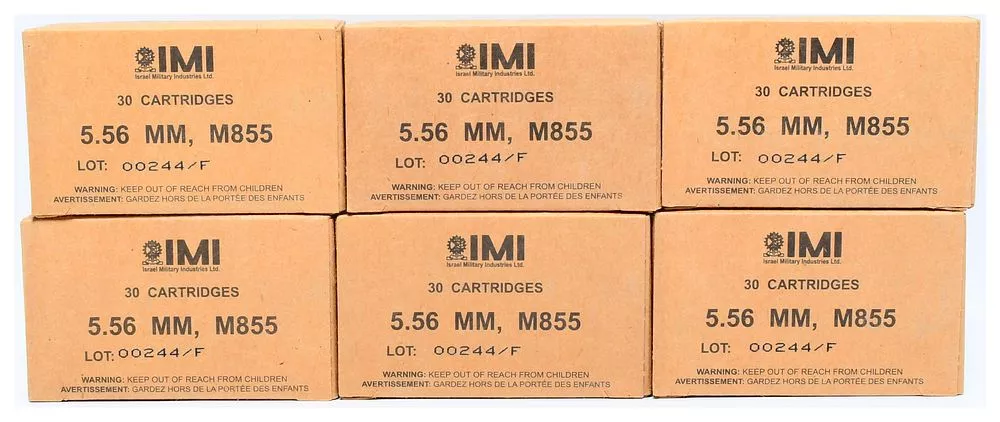180 Rounds IMI 5.56x45 62 GR M855 FMJ Boat Tail Ammunition, Six 30-Round Boxes