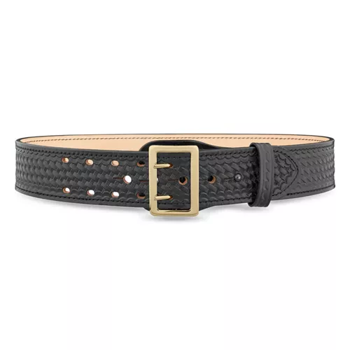 2-1-4″ Basketweave Leather Sam Brown 2 Row Stitch Duty Belt With Gold Buckle