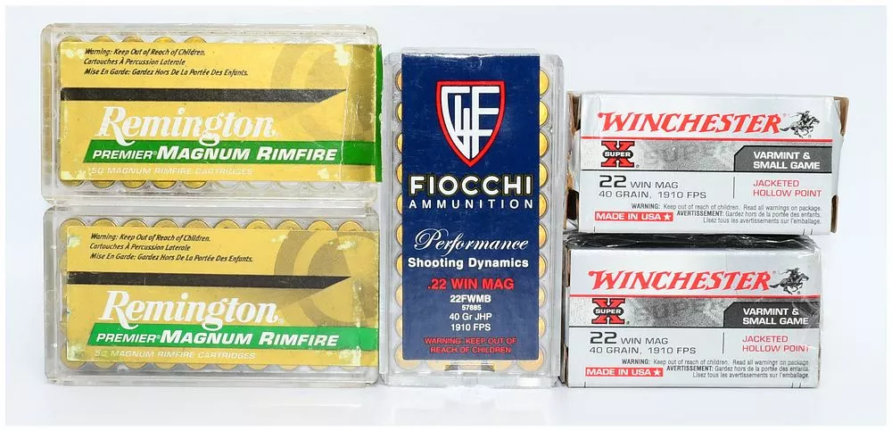 224 Rounds of .22 Winchester Magnum Rimfire Ammunition by Fiocchi, Remington, and Winchester