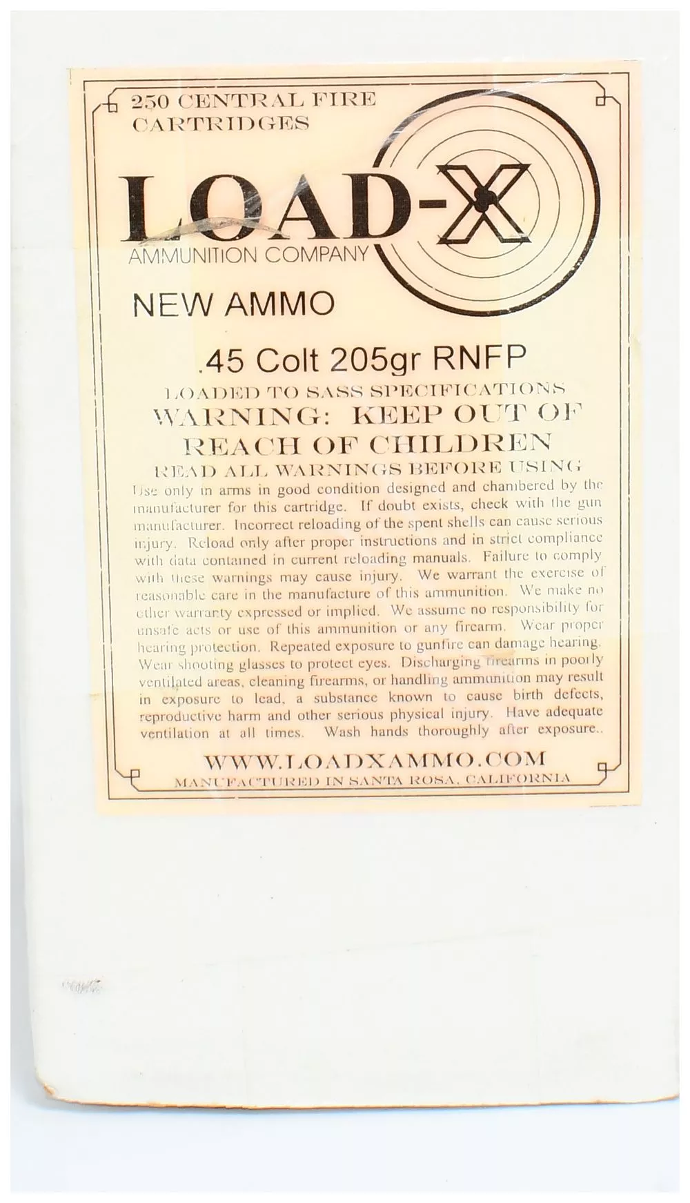 250 Rounds of LOAD-X AMMUNITION COMPANY Remanufactured .45 Colt RNFP Ammunition, SASS Specifications