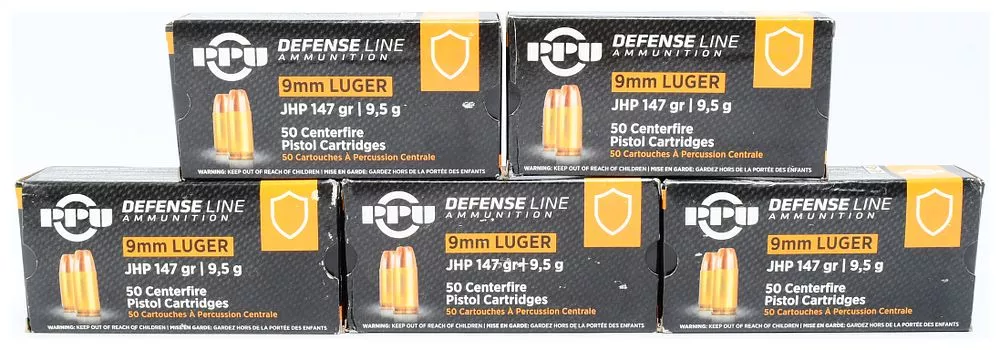 250 Rounds PPU Defense Line 9mm Luger 147 gr JHP Centerfire Pistol Cartridges