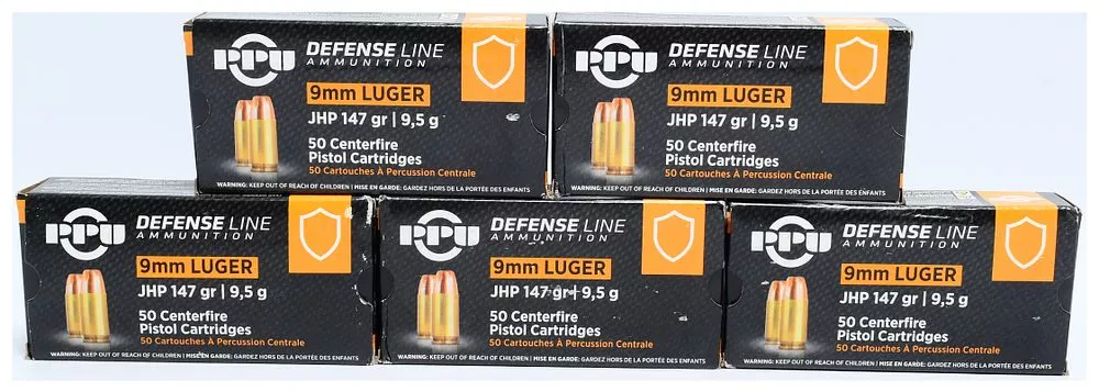 250 Rounds Prvi Partizan PPU 9mm Luger Defense Line 147 Grain Jacketed Hollow Point Ammunition