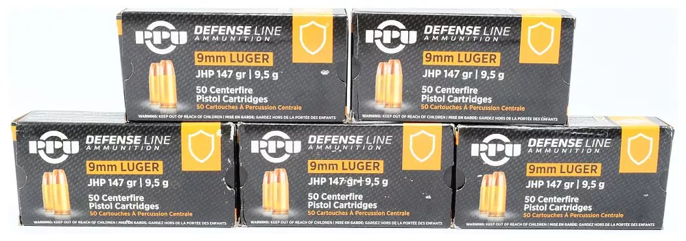 250 Rounds Prvi Partizan PPU Defense Line 9mm Luger 147 Grain JHP Ammunition