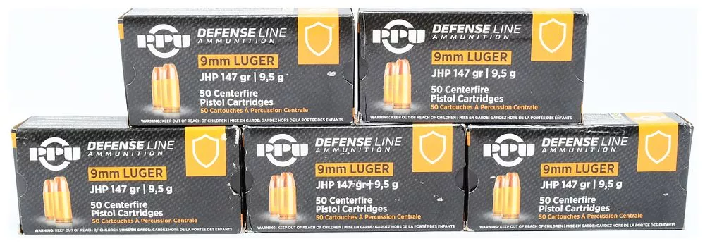 250 Rounds of Prvi PPU Defense Line 9mm Luger 147 Grain Jacketed Hollow Point Ammunition