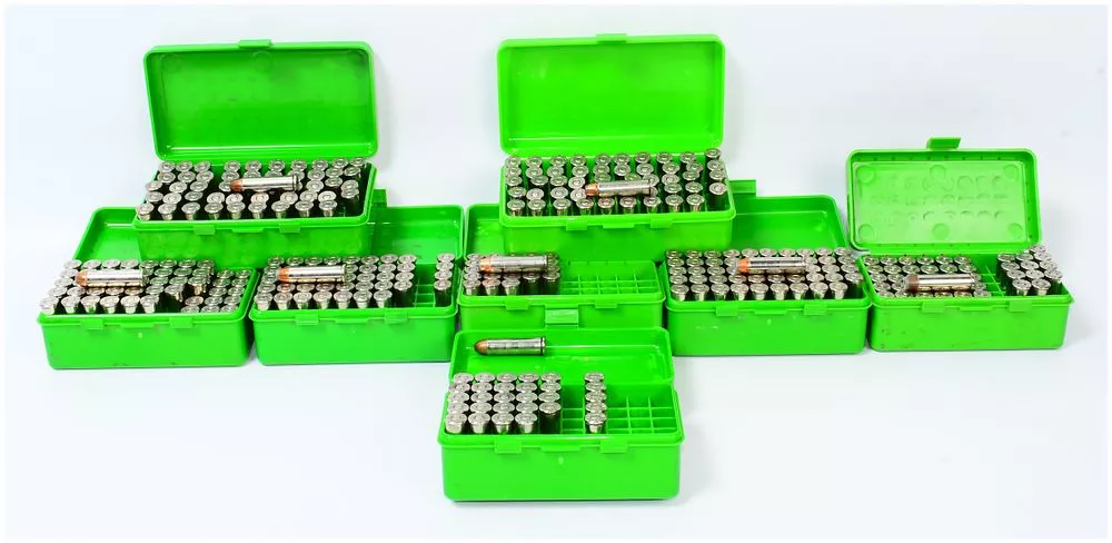 299 Rounds Mixed Head Stamped Remanufactured .357 MAG Ammunition in MTM Case-Gard Green Plastic Storage Boxes