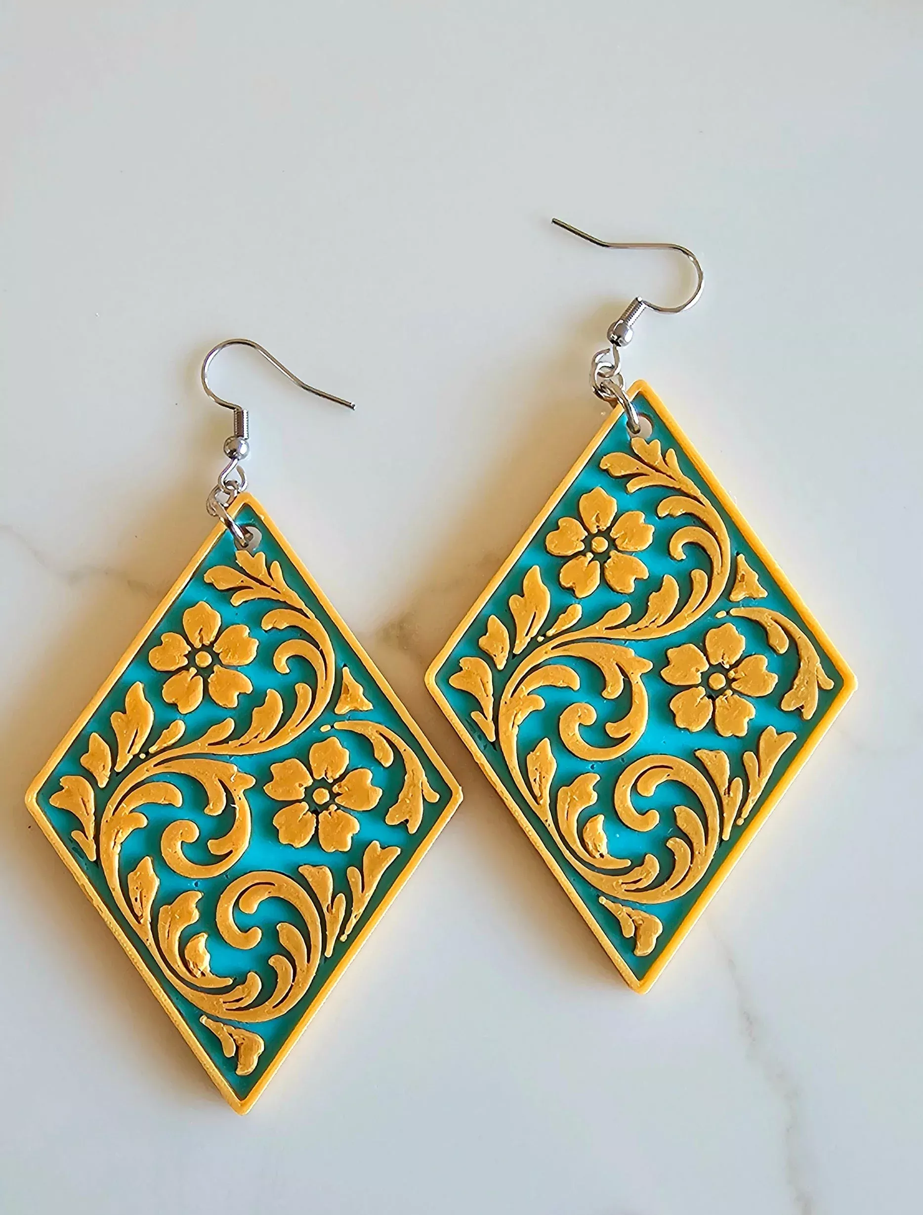 3D Print Western Tooled Mustard Gold on TurquoiseEarrings Made in America