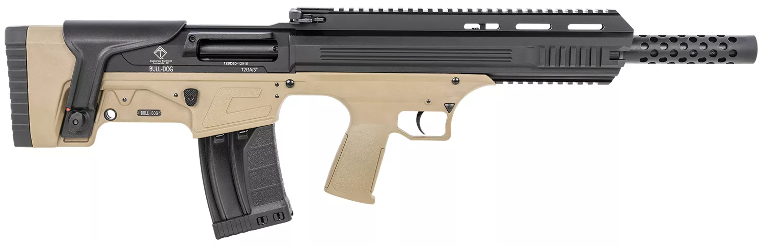 ATI Bulldog 12 Gauge Semi-Automatic Shotgun, 3" Chamber, 5+1 Capacity, 18.5" Black Steel Barrel, Black Aluminum Receiver, Picatinny Rail, Tan Bullpup Stock & Grip 819644026686