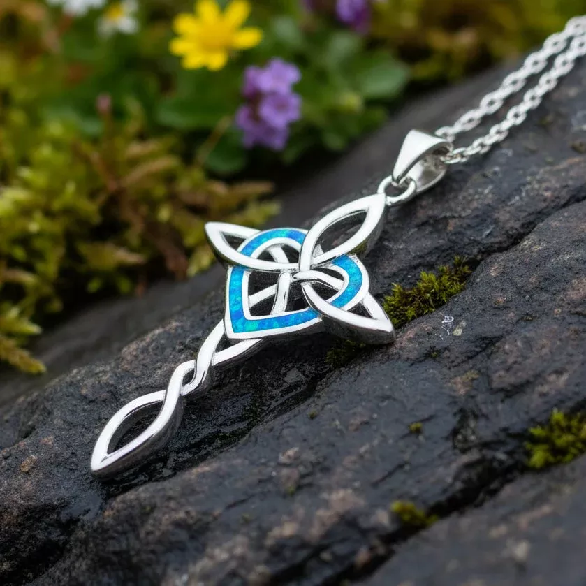Aurora Opal Celtic Cross Necklace in Sterling Silver