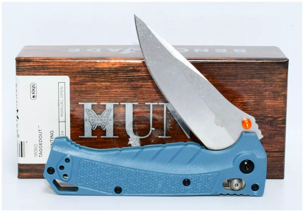 Benchmade 18060 Taggedout™ Folding Knife, CPM 154 Drop-Point Blade, Blue Grivory Handle Repro
