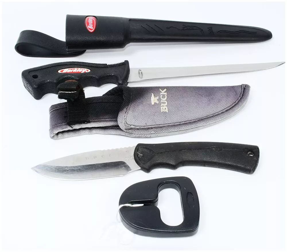 A Buck Knives 679 BuckLite MAX Large Guthook Fixed Blade Knife, a Berkley Fillet Knife, and an Accessory
