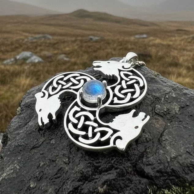 Celtic Bear Triple Spiral Necklace with Moonstone