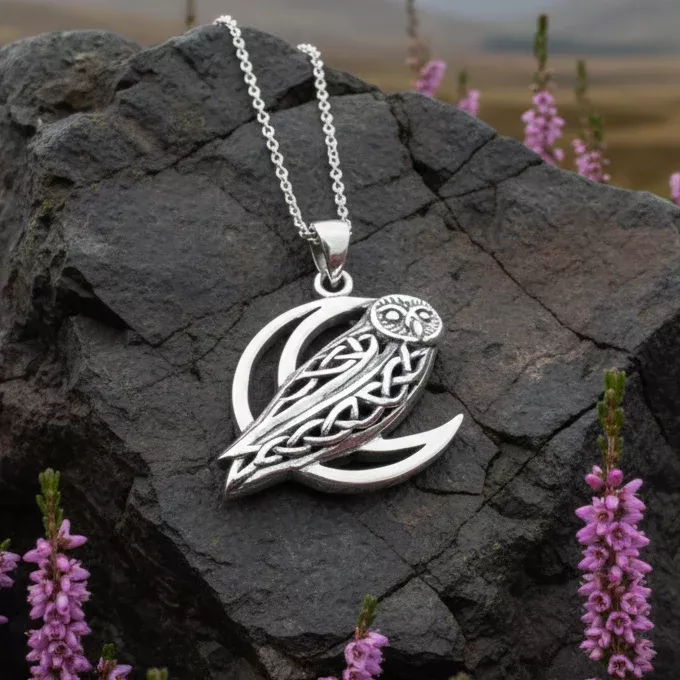 Celtic Crescent Moon Owl Necklace in Sterling Silver