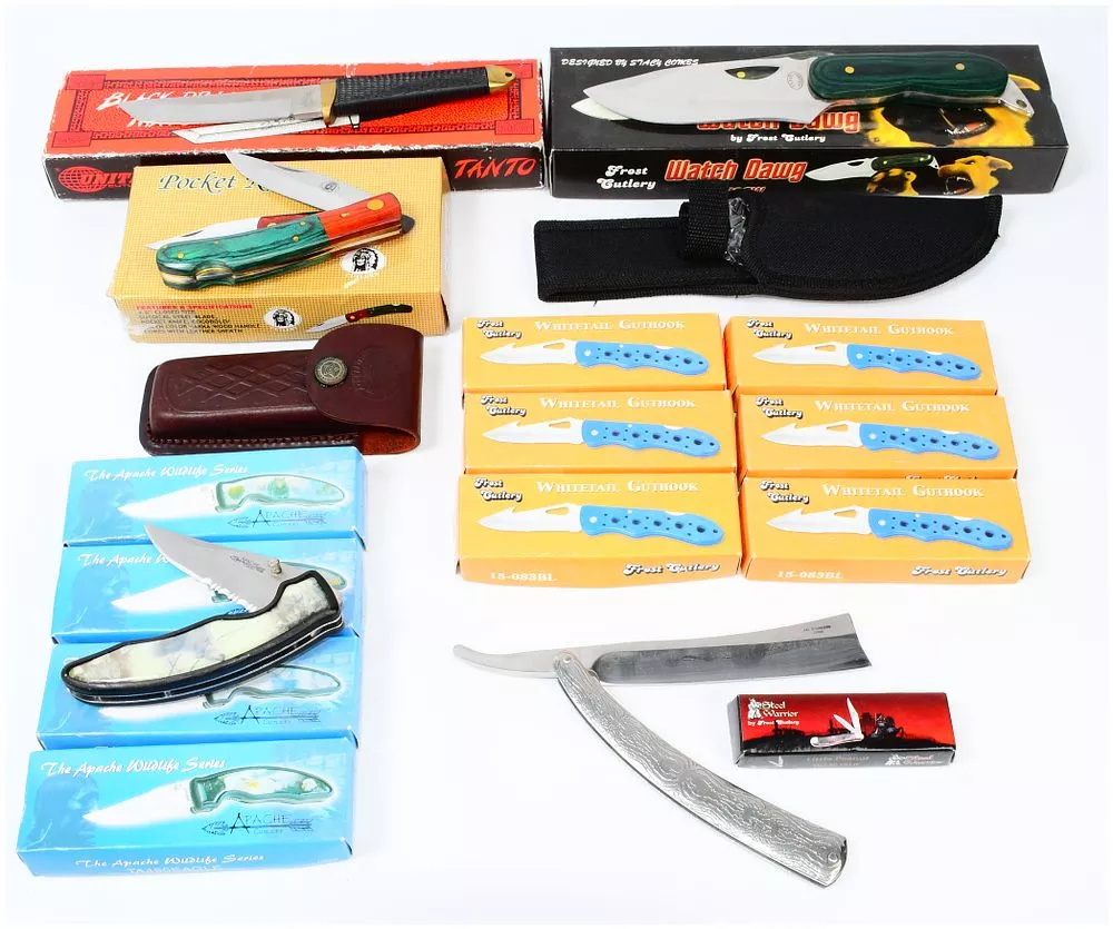 A Collection of 15 Frost Cutlery, Apache Cutlery, and Steel Warrior Knives with Sheath