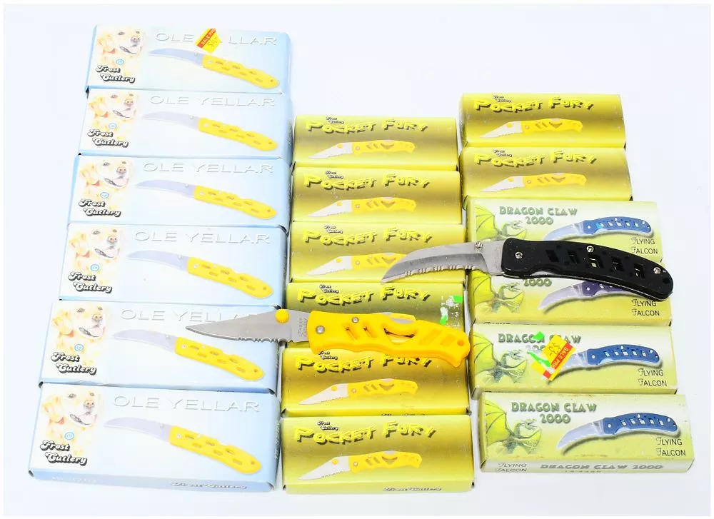 A Collection of 16 Frost Cutlery 'Ole Yellar', 'Pocket Fury', and 'Dragon Claw 2000' Folding Knives, New-in-Box and Loose