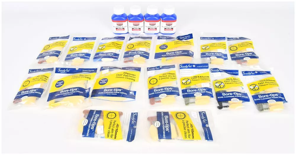 A Collection of Birchwood Casey Aluminum Black and Swab-its Bore-tips Firearm Cleaning Supplies