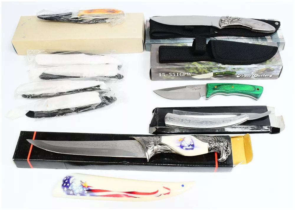 A Collection of Five Frost Cutlery and Wildlife Themed Fixed-Blade and Folding Knives