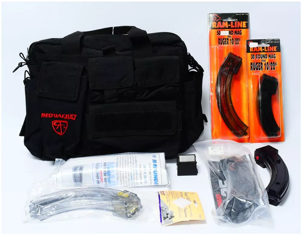 A Collection of RAM-LINE and Ruger 10/22 High-Capacity Magazines with a REDJACKET Tactical Carry Bag