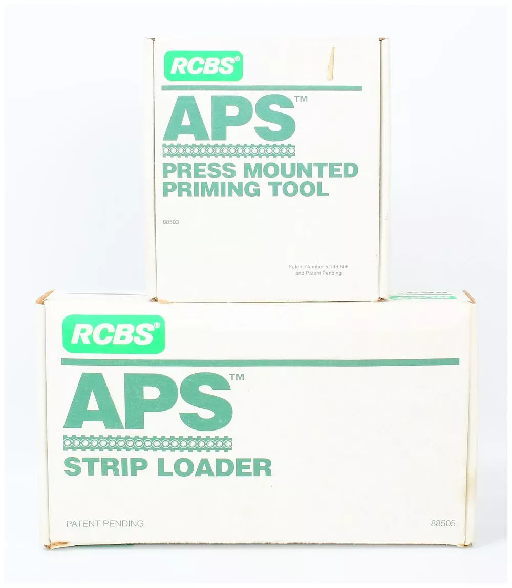 A Collection of RCBS APS Press Mounted Priming Tool, Strip Loader, and Large Rifle Primer Strips