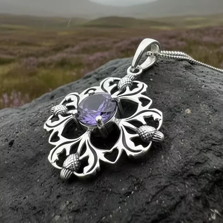 Dolina Amethyst Scottish Thistle Necklace in Sterling Silver
