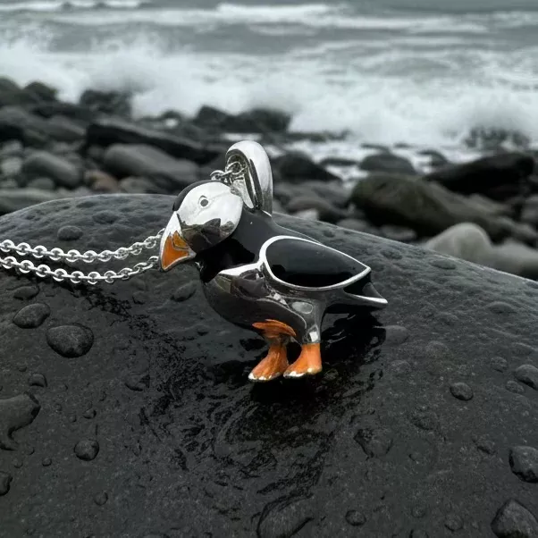 Enamel Puffin Necklace in Sterling Silver