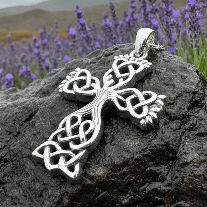 Eternal Tree Celtic Cross Necklace in Sterling Silver