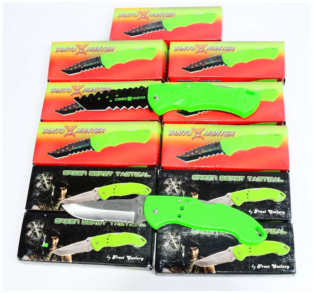 A Group of 10 Frost Cutlery Tanto Hunter and Green Beret Tactical Folding Knives