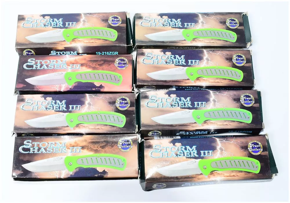 A Group of Eight Frost Cutlery Storm Chaser III Liner Lock Folding Knives, Model 19-216ZGR