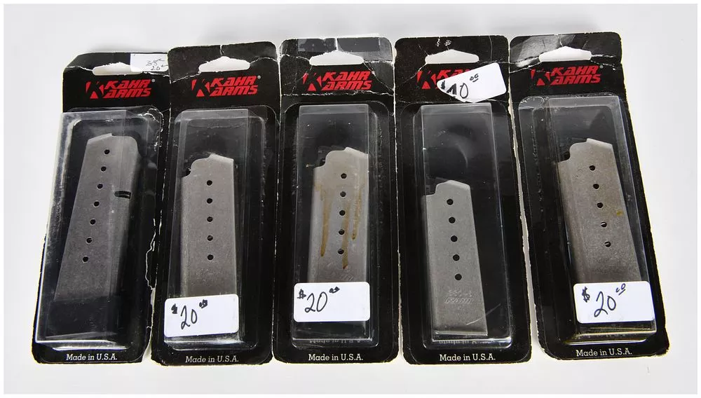A Group of Five Kahr Arms New-Old-Stock Factory Magazines for 9mm, .40 S&W, and .380 ACP