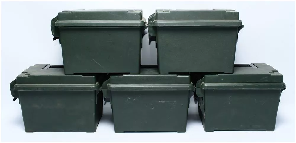 A Group of Five MTM-Style Dark Green Plastic Utility/Ammo Boxes