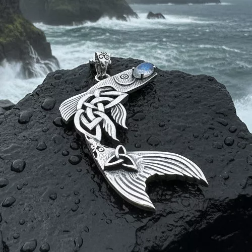 Irish Salmon of Knowledge Moonstone Necklace in Sterling Silver