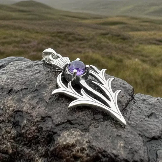 Jacobite Scottish Thistle Amethyst Necklace in Sterling Silver