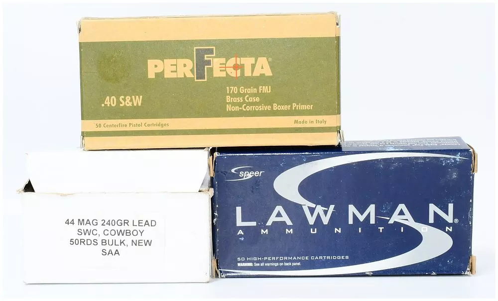 A Lot of 150 Rounds of Modern Handgun Ammunition: Speer Lawman .357 SIG, Perfecto .40 S&W, and .44 Mag Cowboy Loads