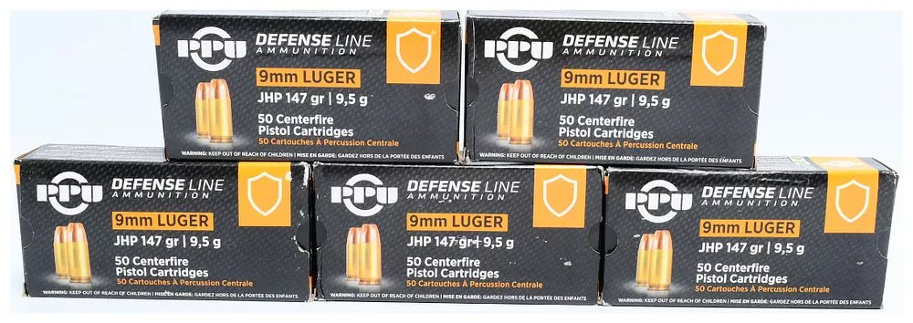 A Lot of 250 Rounds Prvi PPU Defense Line 9mm Luger 147gr JHP Ammunition
