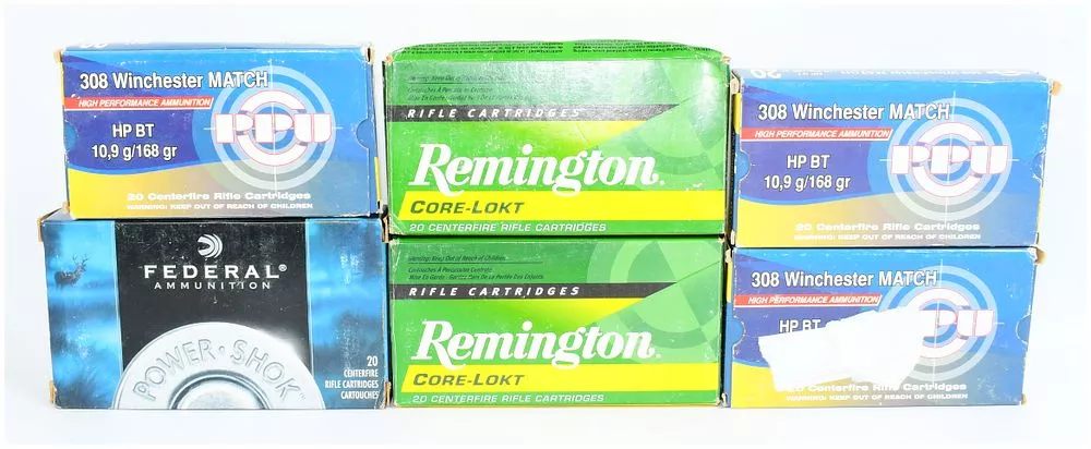 A Lot of 50 Live Rifle Cartridges and 70 Empty Brass Casings for Reloading, including Remington Core-Lokt, PPU .308 Winchester Match, and Federal Power Shok