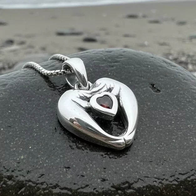 Manatee Love Garnet Necklace in Sterling Silver