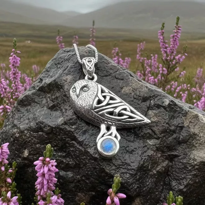 Minerva Celtic Owl Necklace in Sterling Silver