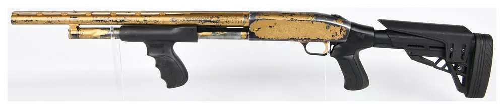 Mossberg 500A 12GA Pump-Action Shotgun with Gold Finish and Tactical Stock
