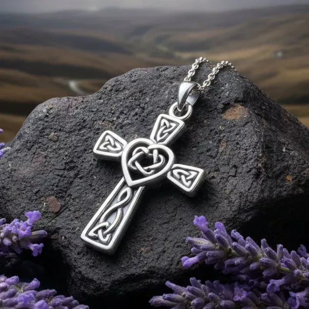 Noble Heart Celtic Cross Necklace in Sterling Silver