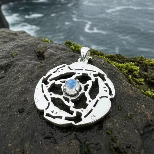 Old World Triple Raven Moonstone Necklace in Sterling Silver