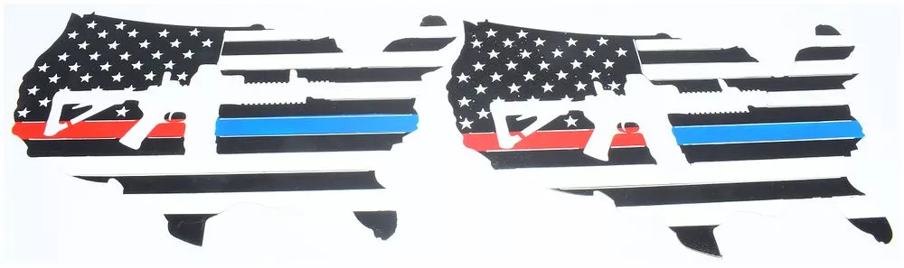 A Pair of Contemporary Distressed Contiguous United States Shaped Subdued American Flag Graphic Decals with Thin Blue and Red Lines and Sporting Rifle Silhouette