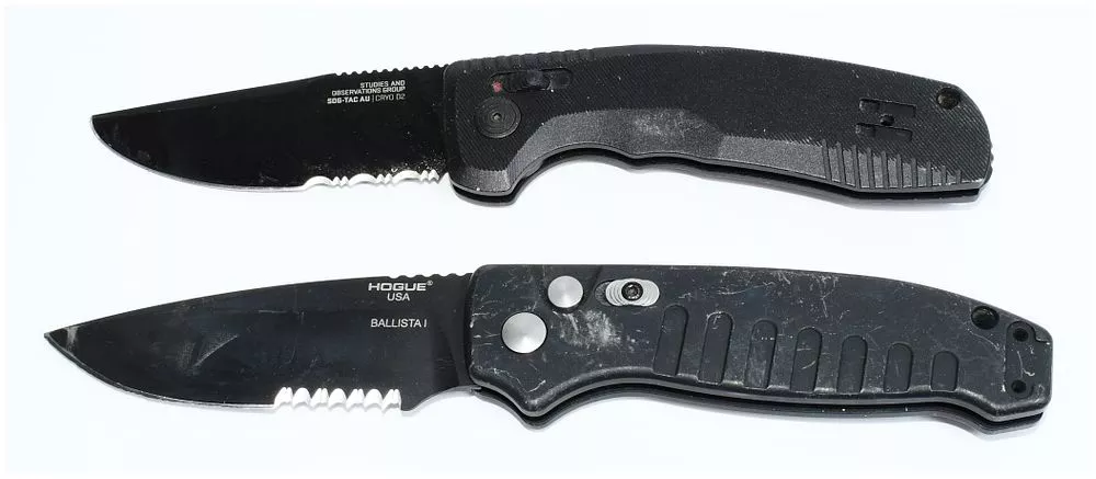 A Pair of Modern Tactical Folding Knives: A Hogue Ballista I AUTO and a SOG-TAC AU