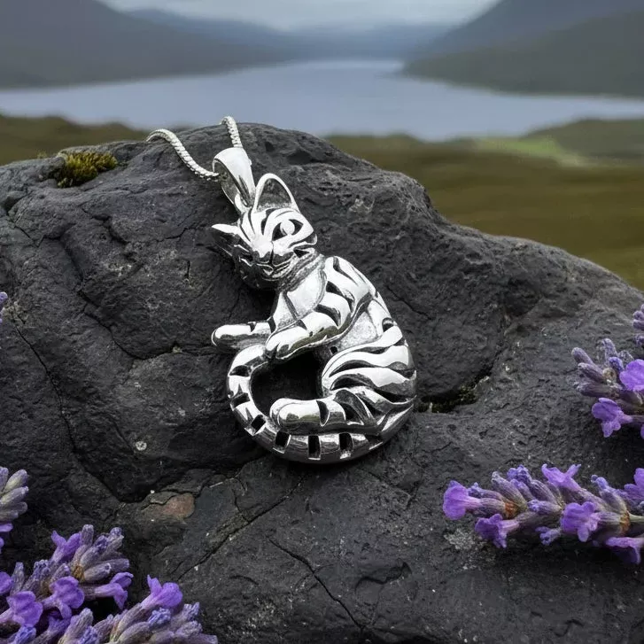 Playful Tabby Cat Necklace in Sterling Silver