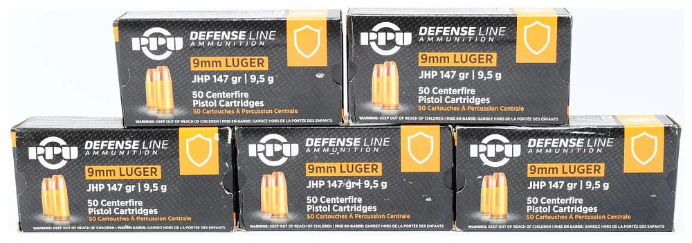 PPU Defense 9mm Luger 147 Grain Jacketed Hollow Point Ammunition PPD92, 250 Rounds