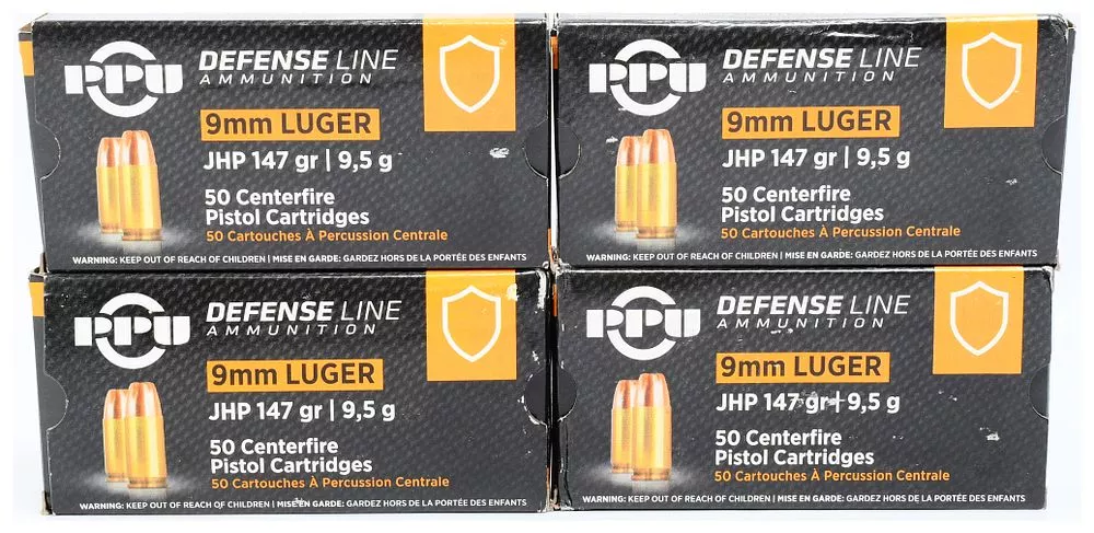 PPU Defense Line 9mm LUGER JHP 147 gr Centerfire Pistol Cartridges - Four Factory-Sealed Boxes (200 Rounds)