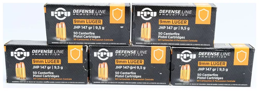 PPU Defense Line 9mm LUGER JHP 147 Grain Centerfire Pistol Cartridges, 250 Rounds