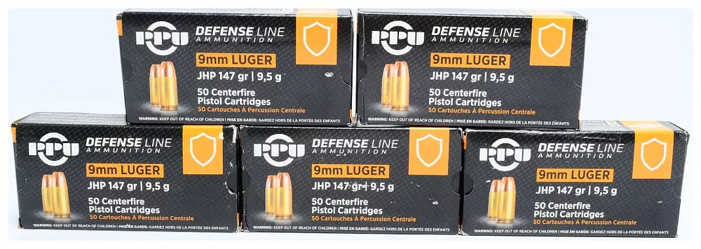 Prvi Partizan PPU Defense Line 9mm Luger 147 Grain Jacketed Hollow Point (JHP) Ammunition, 250 Rounds