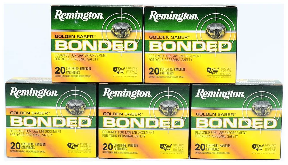 Remington Golden Saber Bonded 9mm LUGER+P 124 GR. BJHP Ammunition, Five Boxes (100 Rounds Total)